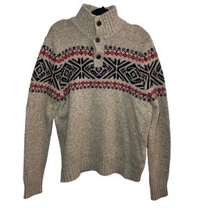 American Eagle Fair Isle Quarter Button Sweater Oatmeal Small Preppy Mock Neck